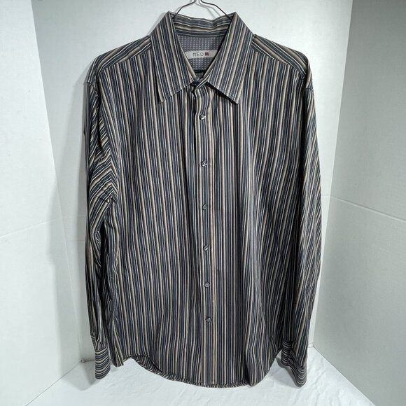 RED X Button-Down Shirt LS L, shades of grey brown & silver stripe 100% cotton - Picture 1 of 5